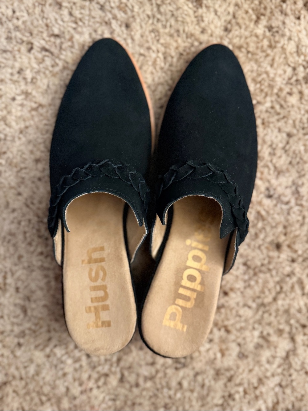 Hush Puppies Black Suede Braided-Trim Slip-On Mules
